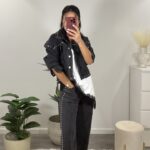 Calças de ganga cinzentas com tachas