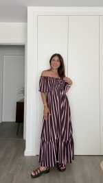 Vestido riscas castanho e rosa