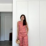 Conjunto calça e colete laranja/rosa