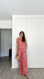 Conjunto calça e colete laranja/rosa
