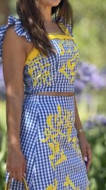 Conjunto saia e top vichy azul com bordados amarelos - Image 6
